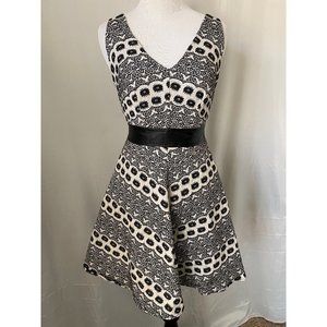 Chelsea & Violet Cream/Black Embroidered Patterned Fit and Flare V-Neck Dress